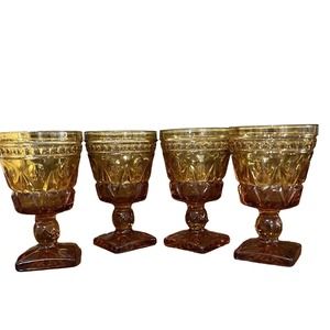 Vintage Indiana Colony Park Lane Amber Footed Water Goblet Glasses Set/4